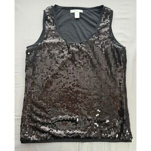 August Silk Options Black Sequin Tank Top Womens Large Sleeveless Scoop Neck